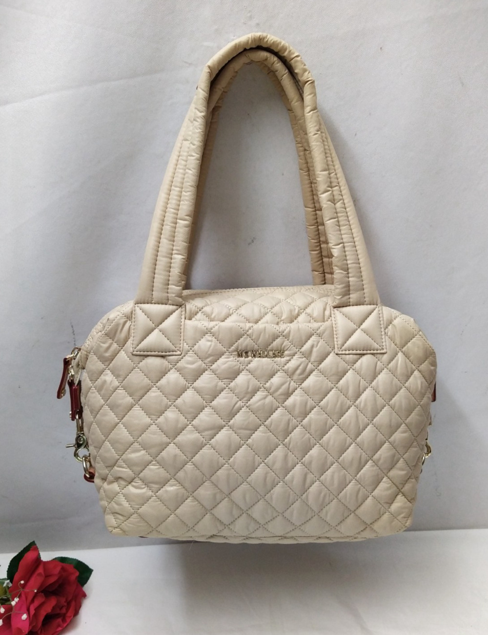 MZ Wallace Beige Nylon Quilted Double Handles Zipper Satchel Bag
